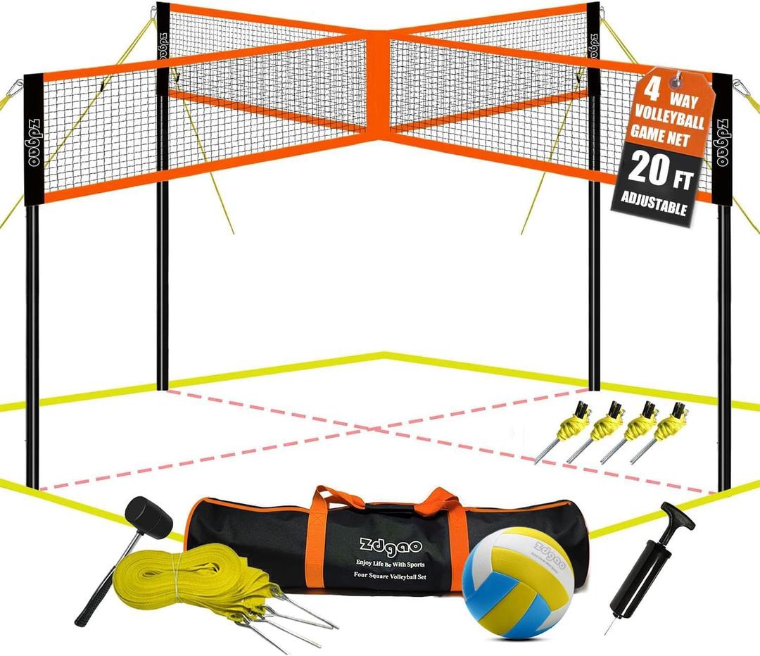 Zdgao 14 ft/20 ft 4-Way Volleyball and Badminton Combo Net with Soft Volleyball, Rubber Hammer and Carry Bag, Adjustable Height Four Square Volleyball Game Set for Backyard and Beach