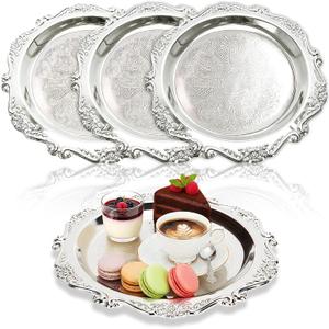 Ebrima 4 Pack Silver Serving Trays Set, 8” Decorative Plates, Stainless Steel Party Platters for Wedding, Afternoon Tea, Home Decor & Food Display