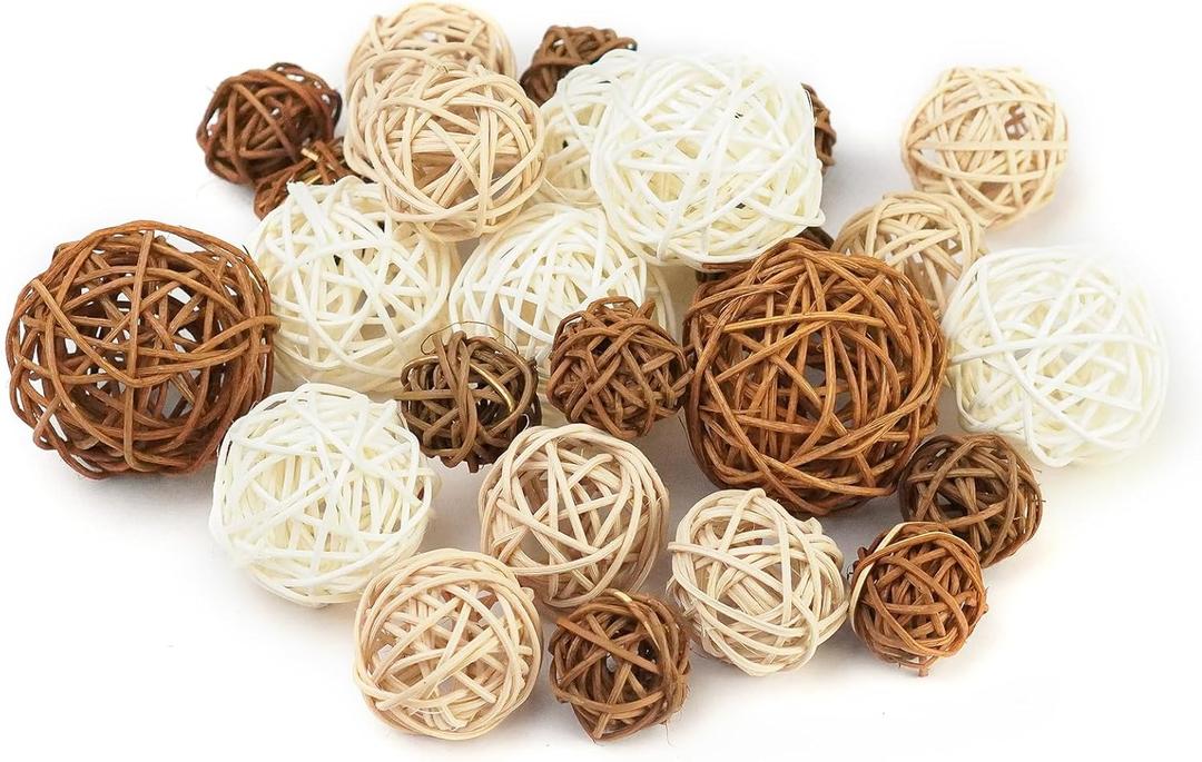 27 Pcs Rattan Balls Decorative Balls with Natural Woven Texture, Wicker Orbs for Vase Fillers, Decorative Balls for Bowls,Table Decor, Wedding Party Decoration (Chocolate/White)