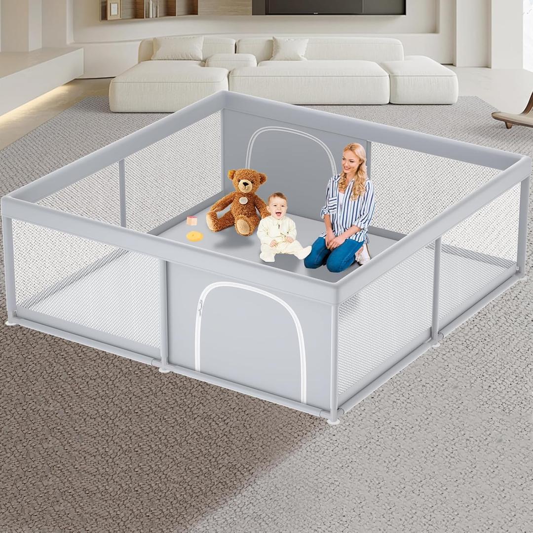 Baby Playpen 79" x 79" Large Play Yard Playpen for Babies and Toddlers, Safety Baby Activity Center with Visible Mesh Non-Slip (79X79 Inch, Grey)