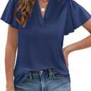 PRETTYGARDEN Women's 2026 Summer Satin Blouses Dressy Casual Ruffle Cap Sleeve V Neck Business Work Cute Tops Spring Outfits