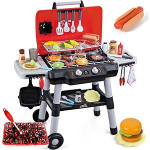 Kids Play Kitchen Toys, Kids BBQ Grill Playset with Smoke Sound Light, 2-Layer Barbecue Toy with Wheel, Outdoor Play Grill Toys for Toddlers 3-5, Play Food Toys Cooking Set, Birthday Gift for Boy Girl (Black and Red)