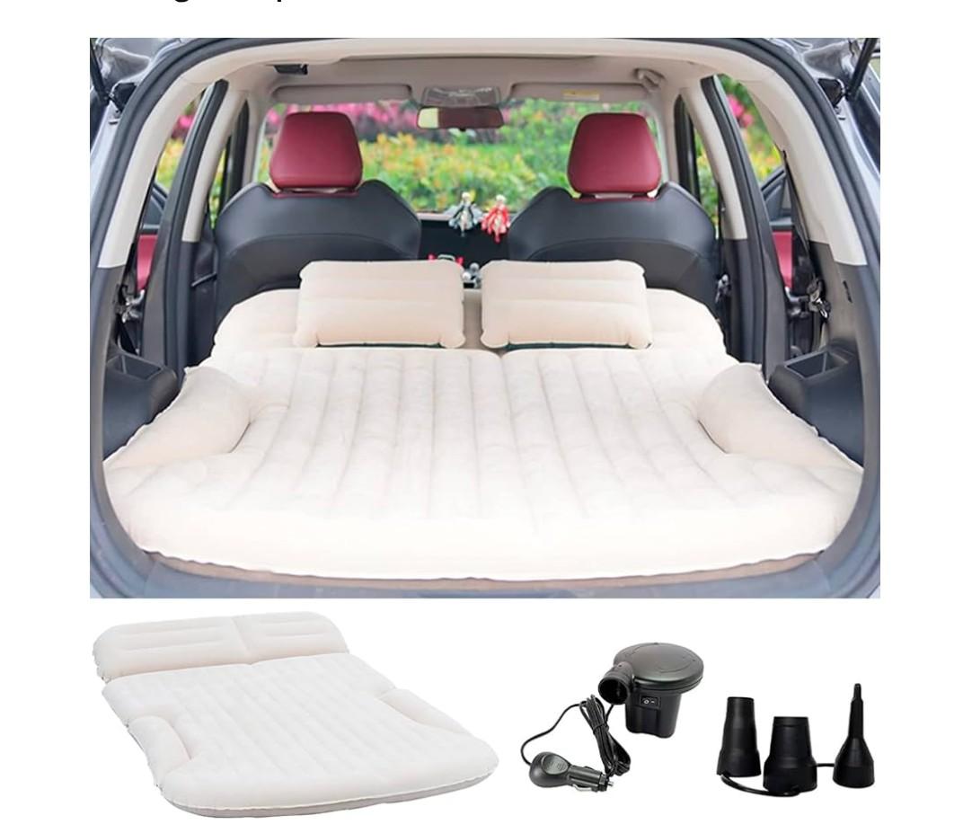 KMZ SUV Air Mattress Thickened and Double-Sided Flocking Travel Camping Bed with 2 Pillows & Electric Pump Dedicated Mobile Cushion Inflatable Bed for SUV Trunk and Rear Seat (Beige and Coffee)