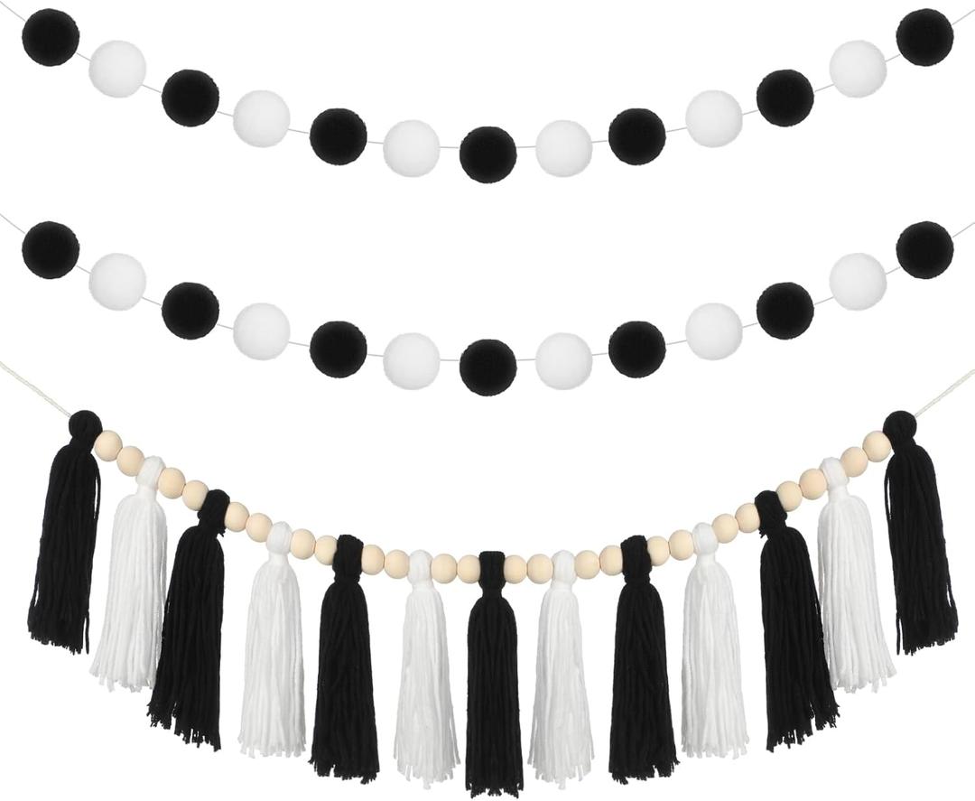 3 Pcs Black and White Tassel Garland Decor Pom Pom Tassel Garland Hanging String Decorations for Home School Classroom Decorations Birthday Party Supplies