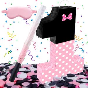 15.7 x 11.5 x 3 Inch Pink Bow Number 1 Pinata,Pink Bow Birthday Decorations, Fillable Hanging Piata with Stick Blindfold Confetti for Girls Boys 1st Anniversary Party Decorations