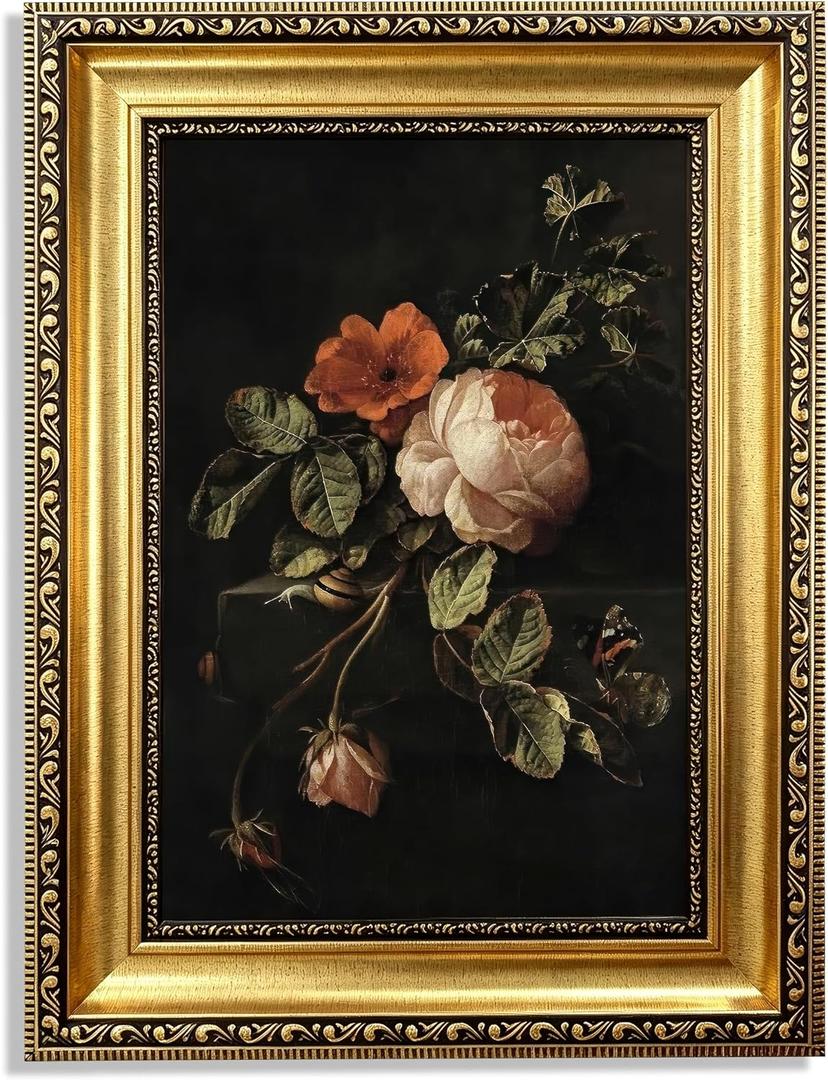 Vintage Gold Framed Moody Floral Wall Art,Dark Rose Still Life Canvas Print | Antique Moody Botanical Wall Decor,Dark Floral Aesthetic Painting,Rustic Cottagecore Artwork for Living Room Bedroom 16x24in