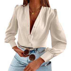 Women's Business Casual Tops Summer Long Sleeve Button Down Shirts V Neck Chiffon Blouses (Beige), Large