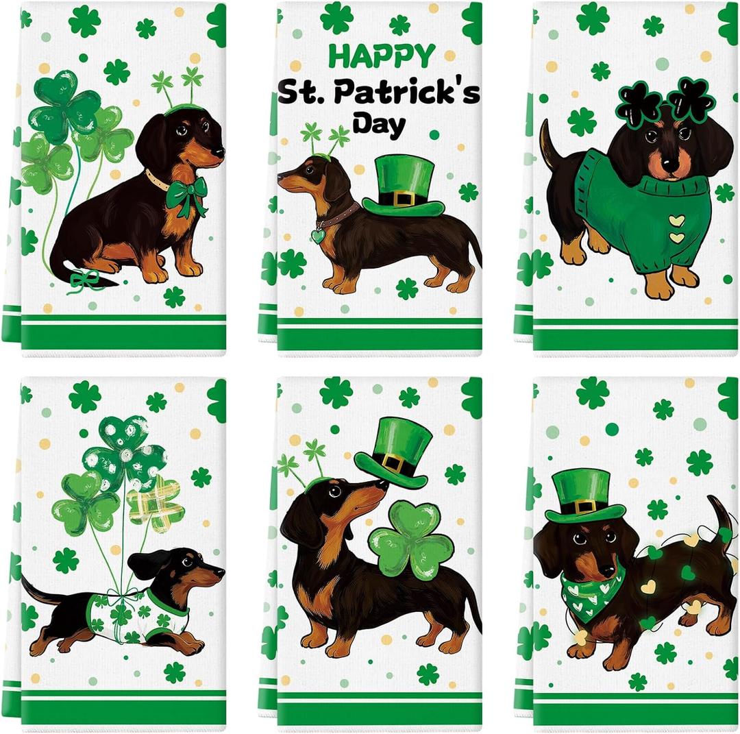 St. Patrick's Day Kitchen Towels 18x26 Inch Dachshund Dog Kitchen Dish Towels Hand Towels Seasonal Holiday Anniversary Indoor Bathroom Decoration Set of 6