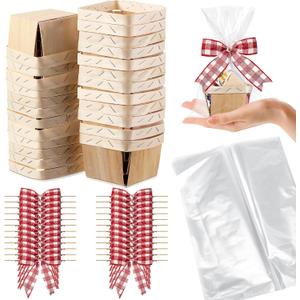 Kigley 24 Set Wooden Gift Baskets Empty Bulk Small Berry Basket with Cellophane Bags Bows Basket Kit for Easter Spring DIY Picking Fruit Birthday Wedding Bow Party(Red and White)