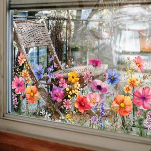 Flower Garden Window Stickers, Wildflower Grass Door Decals, Lily Peony Poppy Floral Window Clings for Bedroom Living Room TV Office Decor Home Decoration