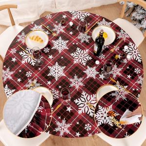 UMINEUX Round Fitted Vinyl Christmas Tablecloth with Elastic Edged & Flannel Backing, Waterproof Wipeable Round Table Cover for Indoor Patio Use - Fits Tables up to 40"-44" Diameter(Snowflake)