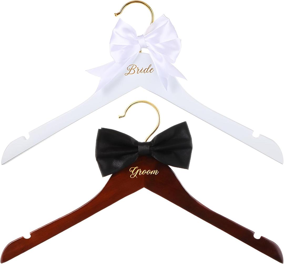 2 Pcs Bride Hanger Bride and Groom Wooden Wedding Dress Hanger Set with Bow Tie for Tuxedo Suit Wedding Gift Bridal Party Shower