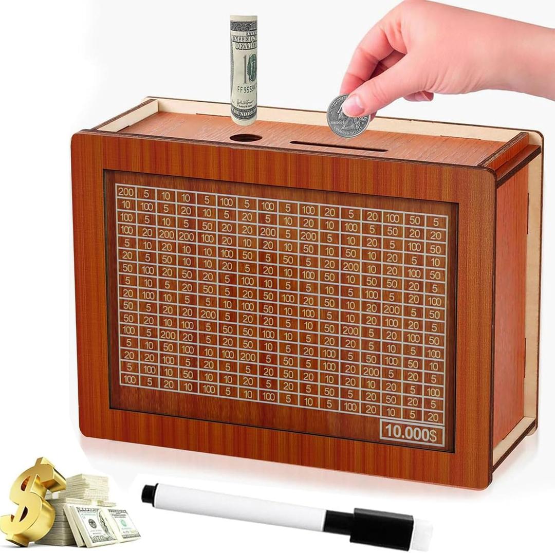 10000 Savings Challenge Box, 2025 New Wooden Money Saving Challenge Box