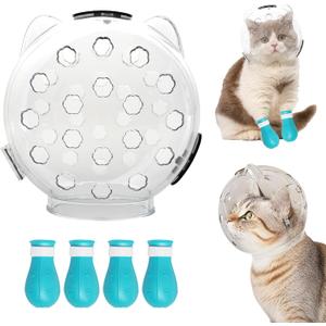 Cat Muzzle for Grooming with Astronaut Helmet Design, Cat Helmet Breathable Anti-Scratch Anti Bite Protection, Includes Paw Covers