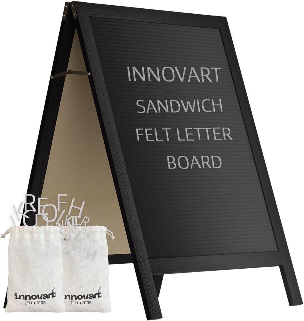 INNOVART A-Frame Sidewalk Sign 36”x20”, Sandwich Felt Letter Board w/Changeable Letters, Double-Sided Felt Letter Board, Free Standing Letter Board Easel for Restaurant, Business, Wedding, Black