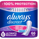 Always Discreet Adult Incontinence Pads for Women, Drier, 6 Drop Regular Length, Extra Heavy Absorbency, Pads for Bladder Control Management, Bladder Leaks, & Postpartum Pads, 66ct