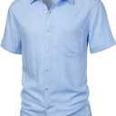 ZEROYAA Men's Linen Shirts Short Sleeve Summer Casual Button Down Beach Shirt with Pocket (Blue, M)