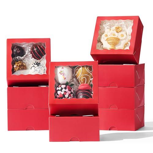 JCXGRVC 50 Pack 4x4x2 inches Red Bakery Boxes with Window - Macaron Cookie Chocolate Truffle Strawberry & Mini Cake Gift Boxes for Valentine's Parties Birthdays Wedding, Christmas Favors