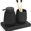 Black Bathroom Accessories Set, Modern 3 Pcs Bathroom Essentials - Soap Dispenser, Toothbrush Holder & Tray, Countertop Vanity Organizer (Black)