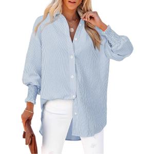 Women's Striped Button Down Shirts Long Sleeve Smocked Cuffed Oversized Boyfriend Blouses Collared Work No Pockets Tops (Blue)