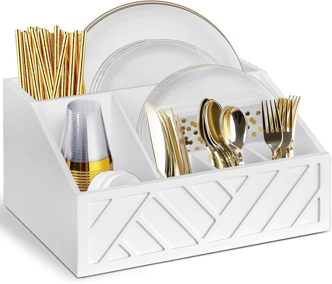 Large Kitchen Utensil Holder Caddy, 6 Compartments Wooden Utensils Organizer for Cooking Utensils, Silverware, Paper Plate, Spoon, Fork, Cutlery Storage on Kitchen Countertop for Party Hosting, White