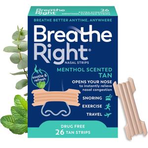 Breathe Right Extra Strength Nasal Strips, Menthol Scented, Drug Free, Less Snoring & Better Breathing from Nasal Congestion, Tan, 26 Count