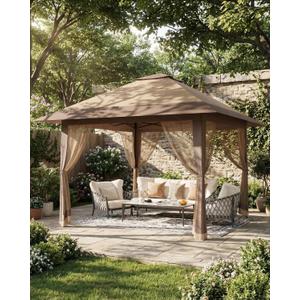13x13ft Outdoor Canopy Tent with Mosquito Netting, Heavy Duty Party Tent Shelter with Waterproof and Ultraviolet Double Roof for Backyard, Garden, Lawn and Deck (Khaki)