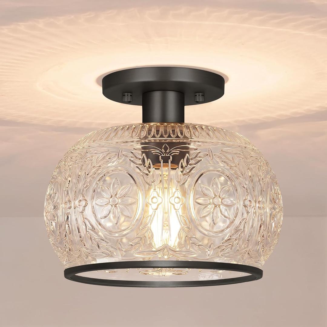 Black Vintage Semi-Flush Mount Ceiling Light with Globe Glass. Ideal for Small Kitchen, Closet, Hallway, Entryway, and Bathroom Lighting (7.68In-Ceiling)