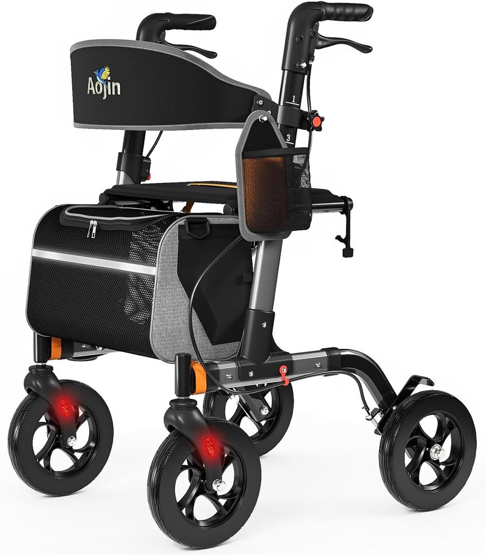 Walkers for Seniors, Rollator Walker with Seat, 350 lb Weight Capacity, 18" Big Seat, 8" All-Terrain Wheels, 6-Level Adjustable Height, Lightweight Aluminum Frame Rollator Walkers for Seniors (Gray)