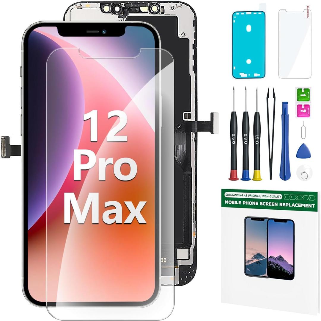 iPhone 12 Pro Max Screen Replacement Kit 6.7" LCD Display 3D Touch Full HD Digitizer Full Assembly Repair Kits Waterproof Frame Sticker+Screen Protector for A2342, A2410, A2412, A2411