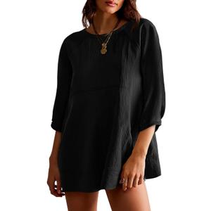 Tankaneo Women's 3/4 Sleeve Tunic Tops Casual Summer Peplum Flowy Oversized Babydoll Blouse Shirts (X-Large, Black)