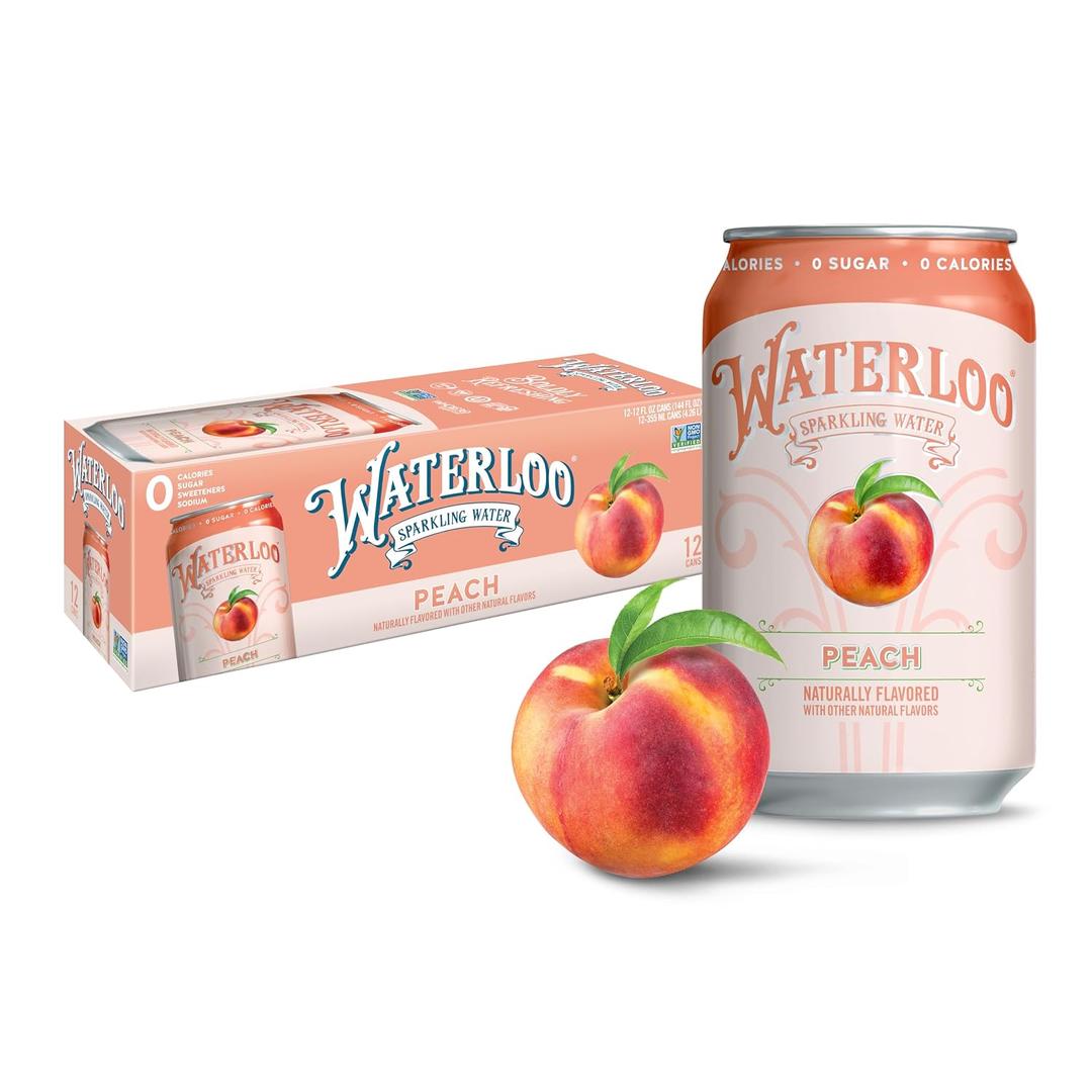 Waterloo Sparkling Water, Peach Naturally Flavored, 12 Fl Oz Cans (Pack of 12) Zero Calories and Zero Sugar or Sweeteners (EXP 06/22/27)