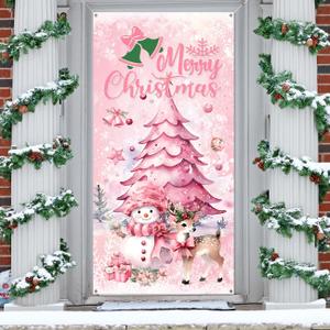 Pink Christmas Decoration Snowman Christmas Door Cover Deer X-mas Front Door Banner Decorations for Indoor Outdoor Holiday Party Supplies Banner