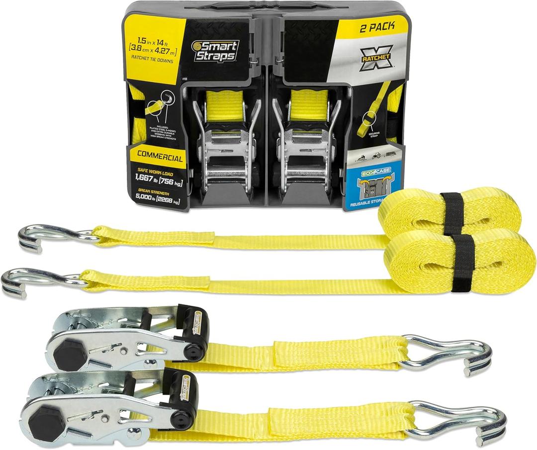 SmartStraps 14 Ratchet Straps, 2 Pack 5,000lbs Break Strength, 1,667lbs Safe Work Load Commercial Tie Down Straps for Heavy Duty Cargo, Haul Equipment and Vehicles
