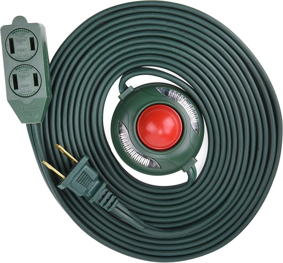 3 Outlet Extension Cord with Hand/Foot Switch and Light Indicator with Safety Twist-Lock, 16/2, 8 Feet Green, UL Listed