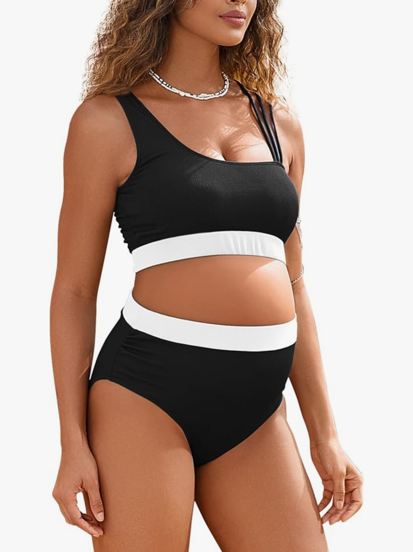 Maternity Two Piece Swimsuit High Waisted Strappy Bikini Set Bathing Suit, XL