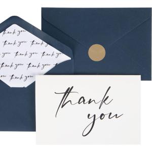 AZAZA 50 Bulk Thank You Cards with Envelopes 4x6, Navy Blue Thank You Cards 2 Minimalistic Designs, Funeral Thank You Cards with Envelopes, Blue Thank You Note and Gold Stickers for Wedding