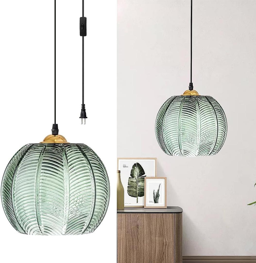 Plug in Green Glass Pendant Light Modern 7.8 Dia Striped Ribbed Globe Hanging Light Mid Century Metal Light Fixtures 14.76FT Switch Wire for Living Room Dining Room Kitchen Island Bedroom (Plug in,7.8")