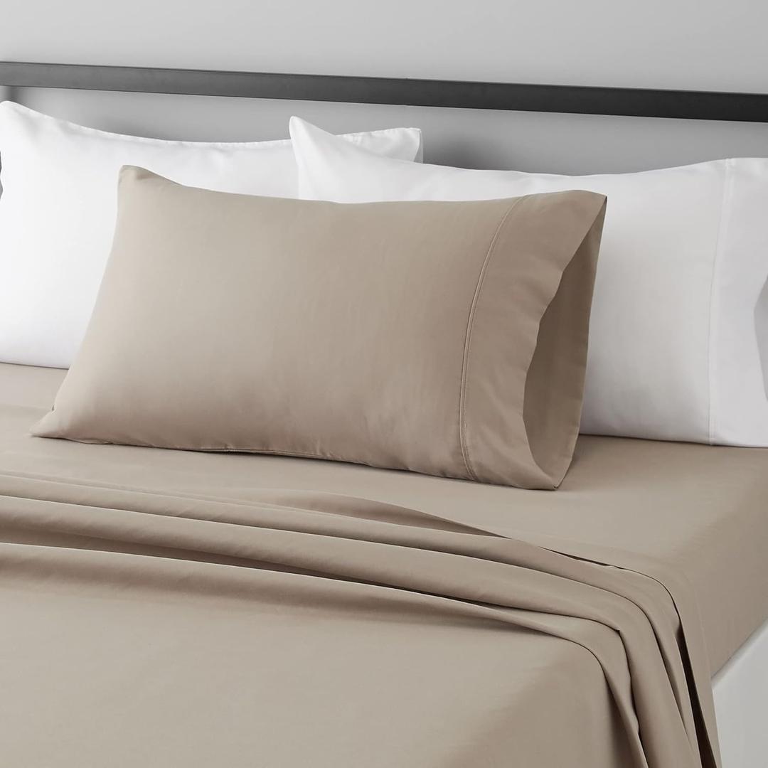 Amazon Basics Lightweight Super Soft Easy Care Wrinkle-Free Breathable Brushed Microfiber 3-Piece Bed Sheet Set with 14-Inch Deep Pockets, Twin, Taupe, Solid