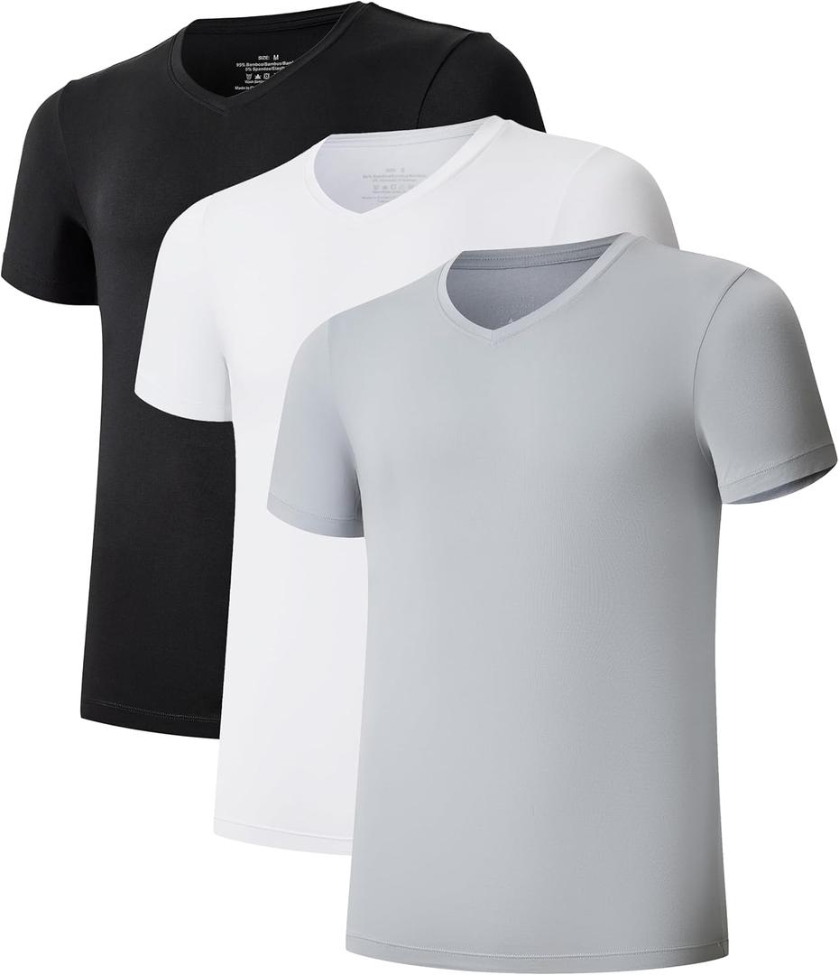 CF Men's Undershirts Bamboo Rayon Shirts for Men Moisture Wicking T-Shirt Classic V Neck Cooling Tee Shirts 3 Pack (White/Black/Grey, XL)