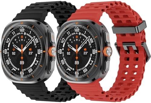 2 Pack Ocean Bands Compatible with Samsung Galaxy Watch Ultra Band 47mm (2024), Adjustable Breathable Silicone Strap for Women Men, Black/Red