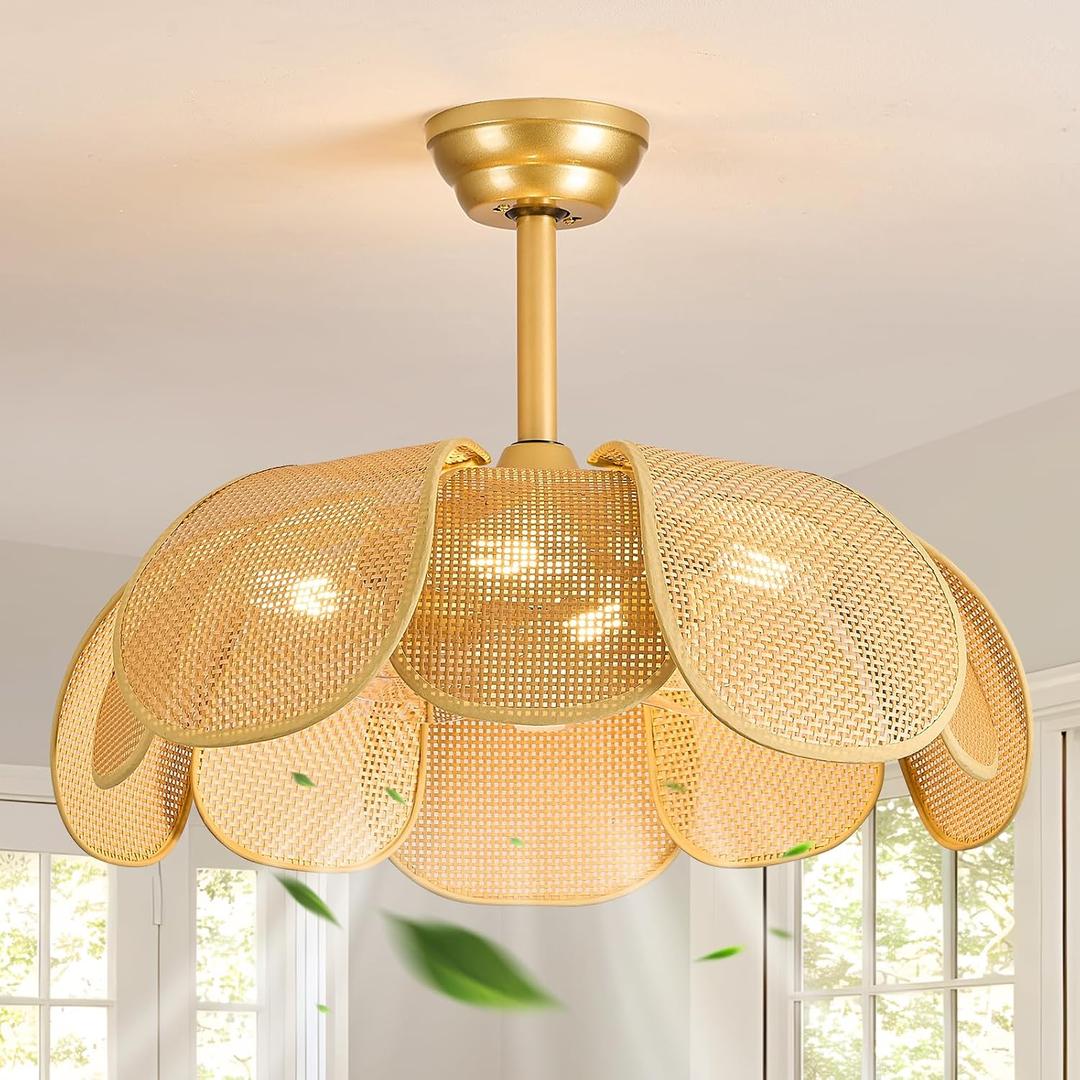 Rattan fandelier Ceiling Fan with Light Boho Ceiling Fans with Lights and Remote Gold Chandelier Fan for Bedroom, Living Room,Kitchen,Foyer(26 Inch,6 Speed, Timing Adjustable Height Flower)