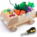 Kids Montessori Busy Board Screwdriver Toys Cars for Toddler 2 3 4 5 Year Old Wooden Tool Set with LED Light Vegetable Toy Sensory Learning Toy STEM Fine Motor Skills Toys for Boys Girls Gift
