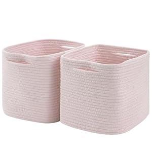 HUZNXVY Cube Storage Bin 11" x 10.5" x 10.5" Cotton Rope Basket Square Woven Storage Basket for Shelves, Closet Organizer, Soft Towel Sock Basket, Pink, 2 Pack