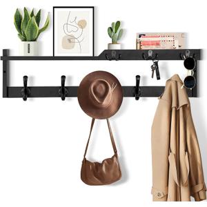 29'' Coat Rack Wall Mount with Shelf, Coat Hanger Wall Mount with Key Hooks and Mail Holder, Wood Entryway Floating Shelf with Hooks and Storage, Hat Rack for Wall Key Holder Mail Organizer (29 Inch Long, Black)