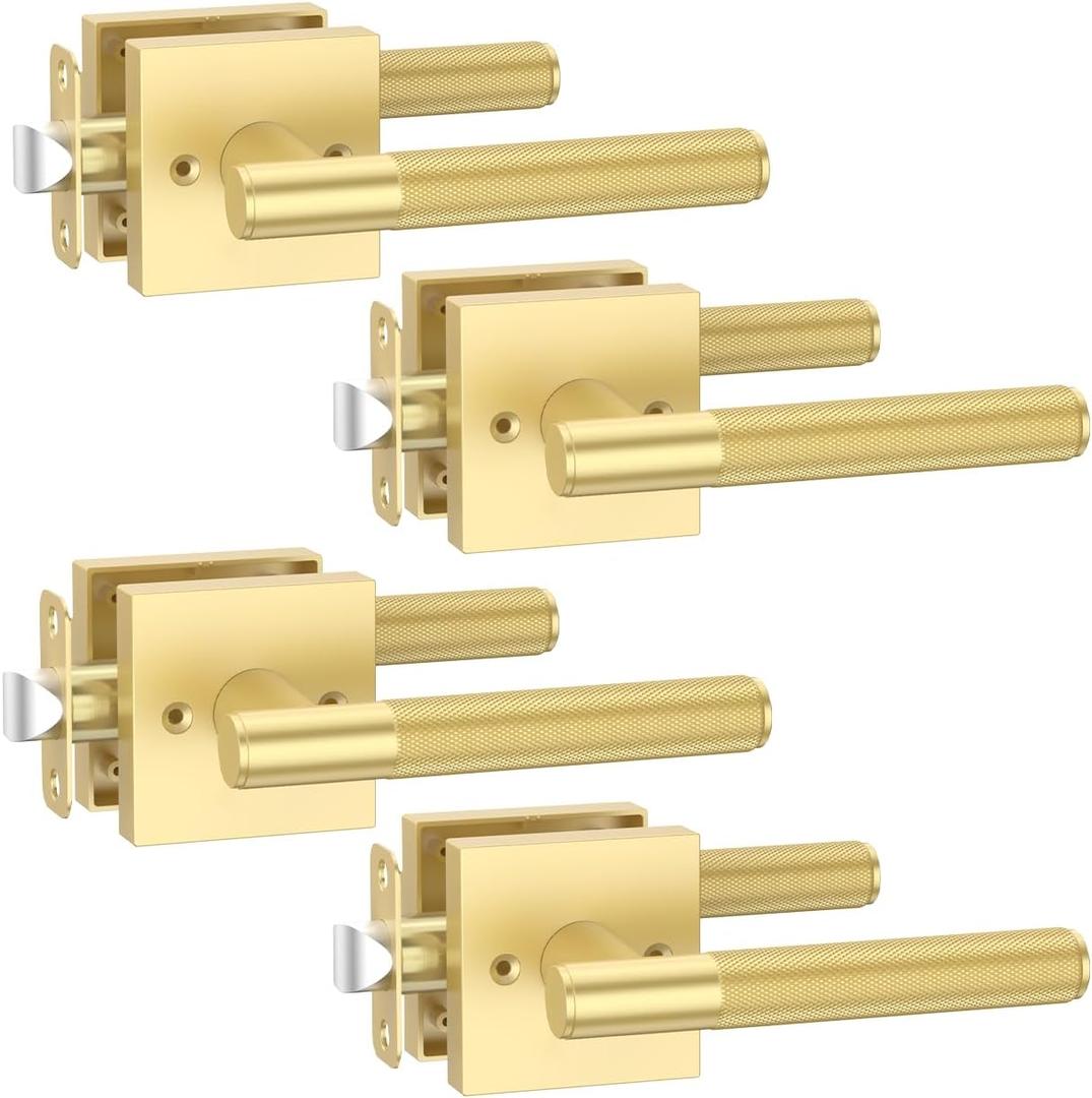 Asidrama 4 Pack Passage Gold Door Handles, Door Lever with Door Knobs Indoor for Bedroom or Bathroom, Heavy Duty Brushed Gold Door Handles Interior with Locks for Left Right Sided Doors
