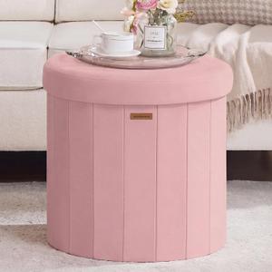 SONGMICS Storage Ottoman Round Velvet Vanity Stool, 18.5 x 18.5 x 17.7 Inch, 18.1"D x 17.7"W x 17.7"H