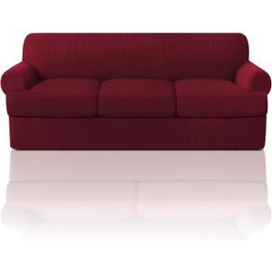 PrinceDeco T Cushion Sofa Slipcover 4 Pieces Sofa Covers for T Cushion Couch Soft Sofa Slip Covers Furniture Protector with 3 Individual T Shape Seat Covers Width Up to 88" Burgundy