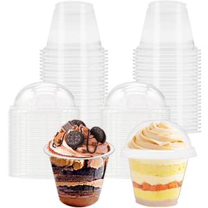 Szsrcywd 50 Pack 9 oz Clear Plastic Cups,Disposable Dessert Cups with No Hole Dome Lids,Crystal PET Party Cup for Parfait,Salad,Ice Cream,Cold Drink,Cupcake
