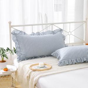 2 Pack Dusty Blue Plaid Ruffle Gingham King Size Pillow Shams, 100% Yarn-Dyed Washed Cotton Checkered Farmhouse Pillow Covers for Bed/Sofa Envelope Closure - 20''x36''